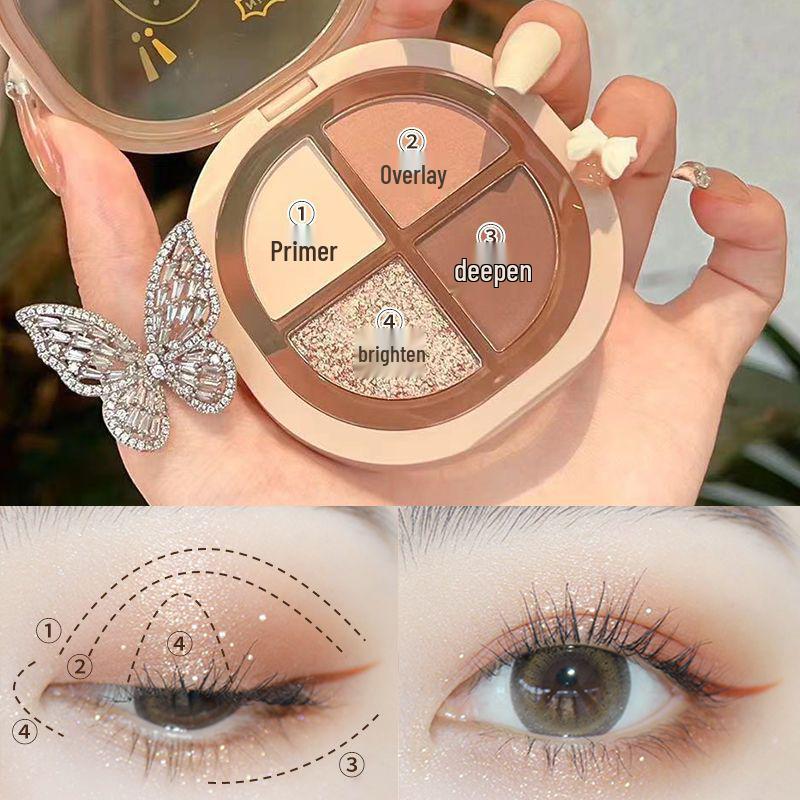 New Four-Color Eyeshadow Palette: High-Shimmer, Waterproof, Sweatproof, Smudge-Free, Perfect for Students.