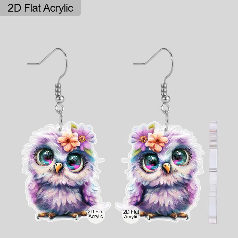 2D Flat Acrylic Christmas Pink Purple Owl Pendant Earrings, Suitable As A Holiday Gift for Women, Holiday Party Decorative Jewelry.