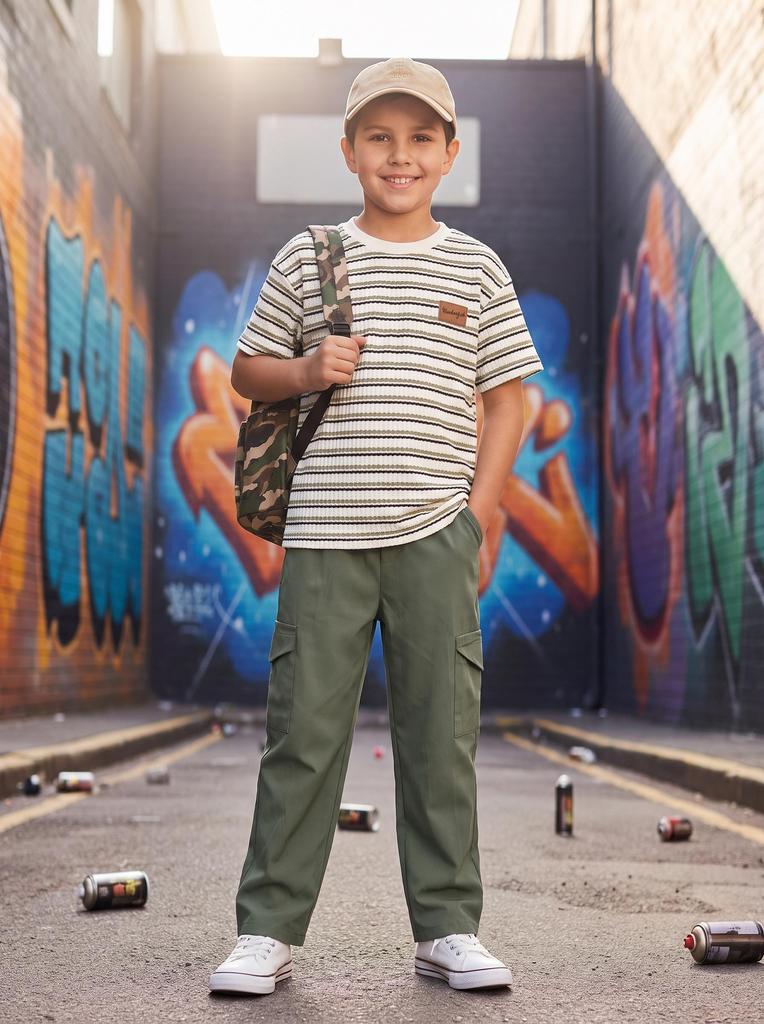 Boys 2 Piece Outfit Set, Striped Textured Short Sleeve T Shirt With Leather Label Decor and Cargo Wide Leg Pants