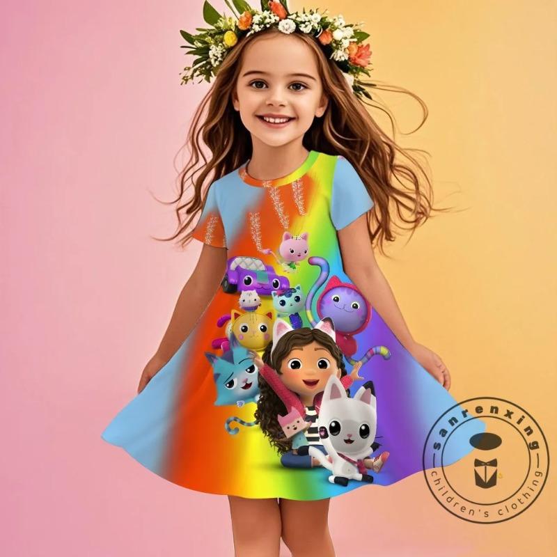 Rochie drăguță cu mânecă scurtă, cu model de desene animate la modă imprimat 3D, Cosplay, Haine pentru fete tinere, Casa de păpuși a lui Gabby, Haine de mare, Dulce