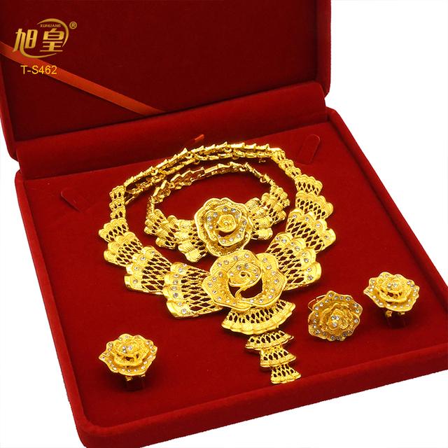 

Дубай, 24-каратное позолоченное бутиковое ювелирное изделие, модное аллювиальное золото, комплект из 4 предметов/ожерелье/серьги/кольцо/браслет, свадебная оптовая продажа