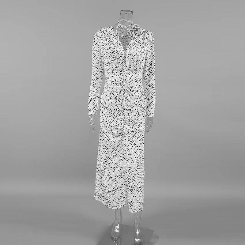 

European and American Sexy V-neck Puff Sleeve Polka Dot Flower Split Dress Bubble Sleeve Slim Dress Wave point L