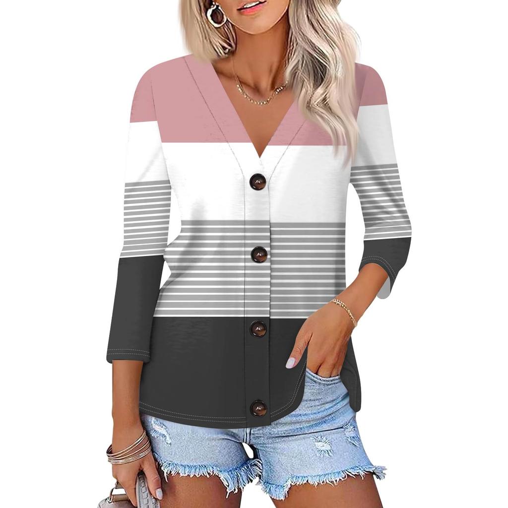 Women's Fashion Casual Printing Button-down Shirt 3/4 Long Sleeve Tops