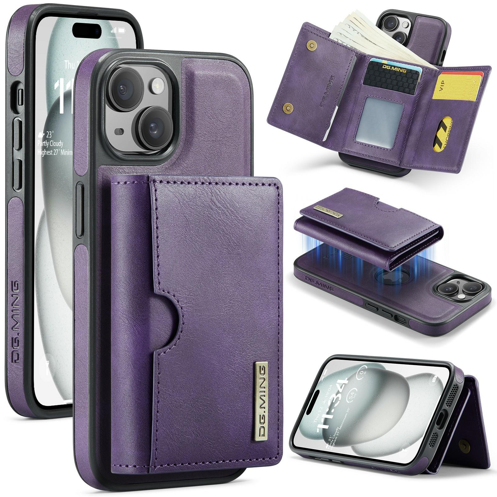 

DG.MING M6 Series For iPhone 15 Plus Case Magnetic Wallet PU+PC+TPU Phone Cover Purple