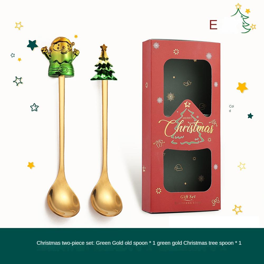 HANYANG juleskjesett julegavebestikk To sett med dessertskjeer og gafler Santa elg dukkeskje