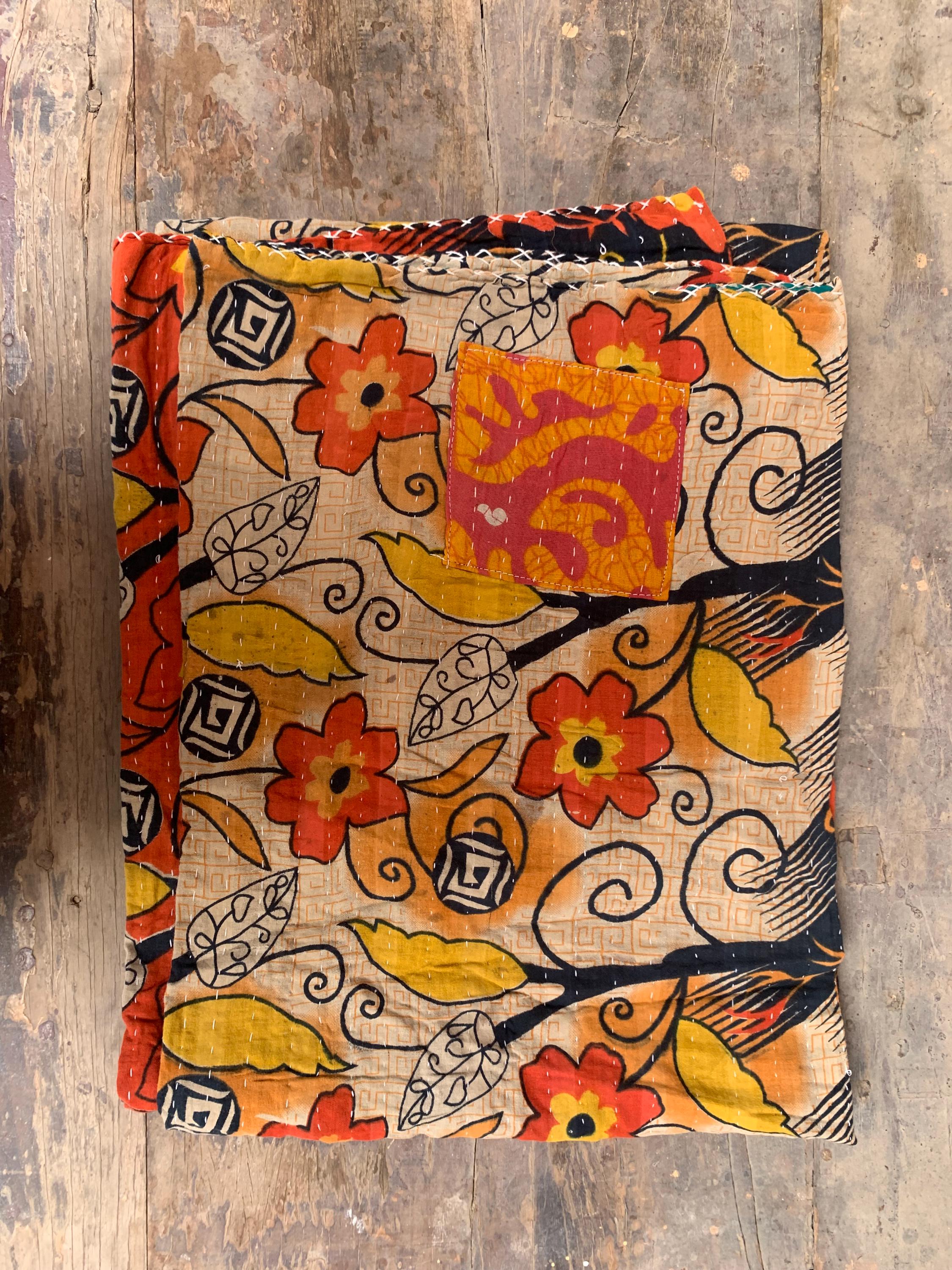 

Floral Kantha Quilt: Reversible Indian Cotton Throw, Bohemian Bedding 80X 50 разноцветный