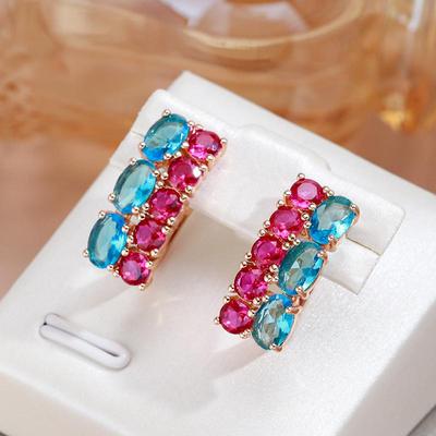 Oval Blue Match Round Pink Double Zircon Women's Earrings Full Inlay Statement Jewelry