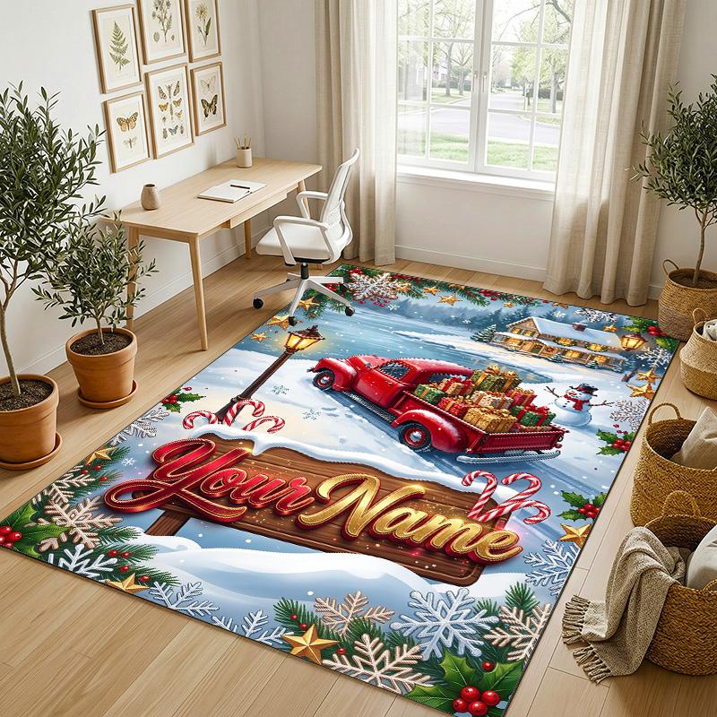 Christmas Theme Crystal Velvet Rug Personalized Custom Name Text Soft Floor Mat Home Decor