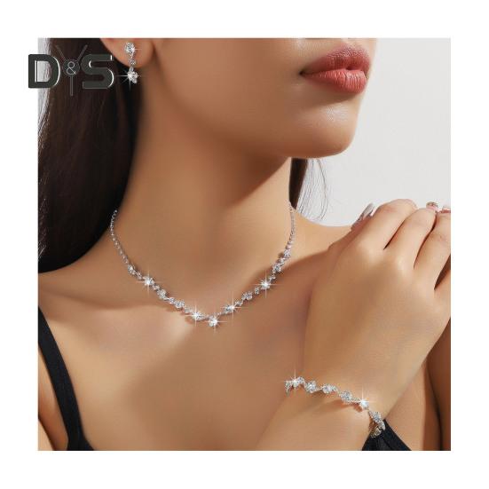 

3 шт./комплект женский комплект ювелирных изделий горный хрусталь чокер висячие серьги браслет набор регулируемая удлинительная цепочка выпускной вечер невесты свадебные украшения серебряный