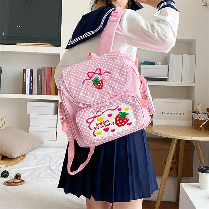School Bags Backpack Kids Cute Soft Girl Sweet Lovely Embroidered Fruit Strawberry Lace Backpack Girl Student Schoolbag