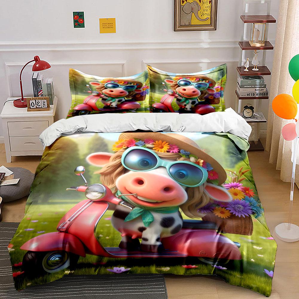 Cow Riding Pink Scooter. Print Bedding Set 1 Duvet Cover 2 Pillowcases For Adult And Children Luxury Gift Full Size