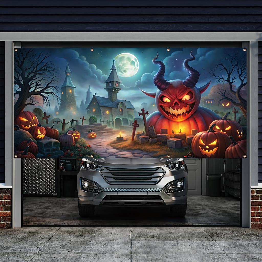 1 Ghost Halloween Garage Polyester Banner Castle and Pumpkin Monster Perfect for Halloween Garage Decoration