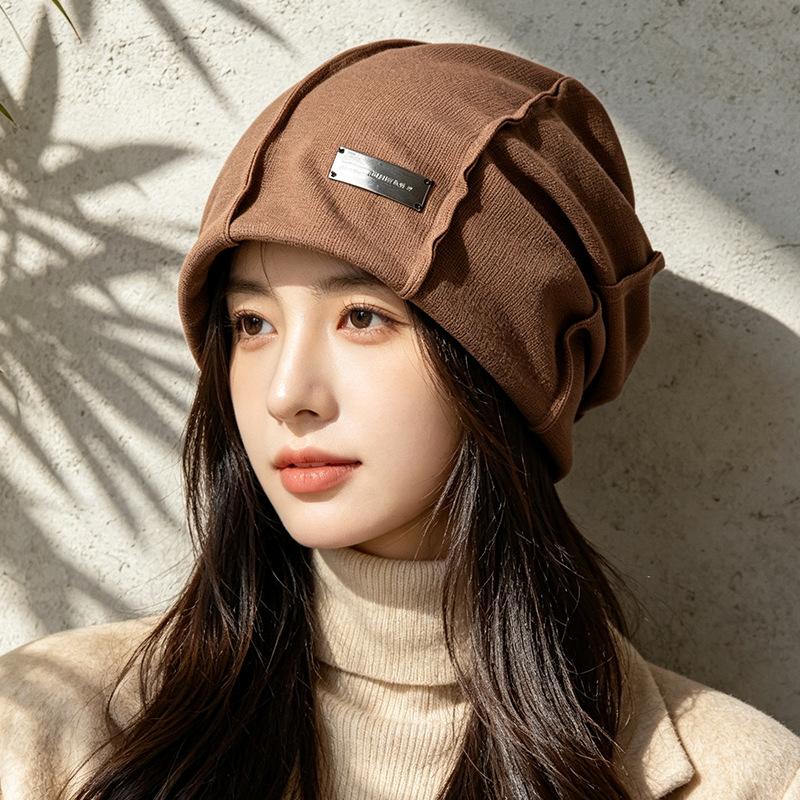 Street niche ins show face small plain pile hat spring and autumn versatile temperament fashion bag head knitted cold hat