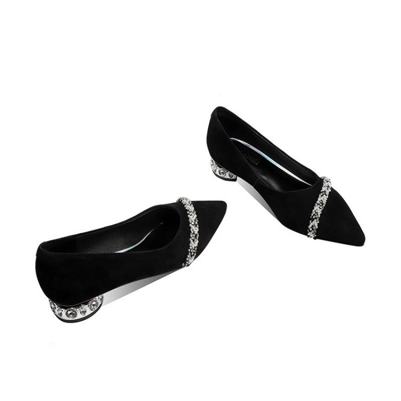 Damen-Pumps mit niedrigem Absatz, Strass, spitz, Leder, elegant, dicker Absatz, leichte Öffnung, Einzelspangen-Schuhe, Damen-Schuhe aus mattem Schafsleder, schwarz, Arbeitsschuhe
