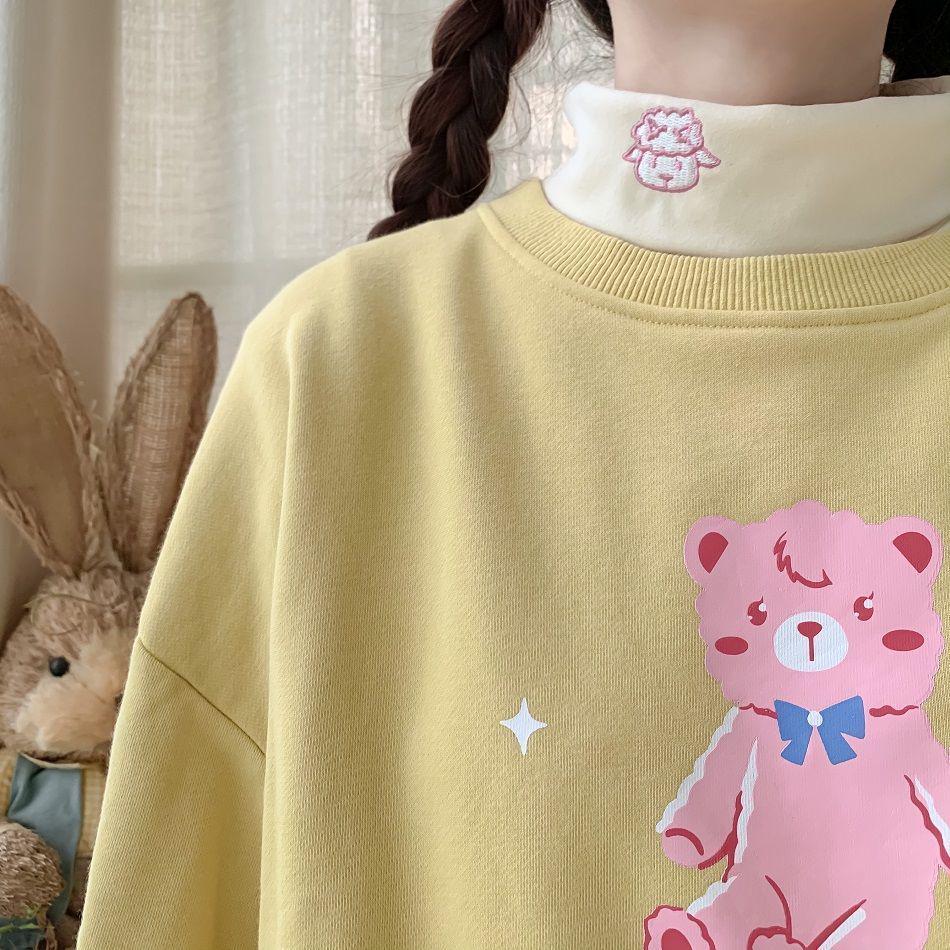 Damen High-Neck Fleecegefüttert Lammstickerei Locker Langarm Oberteil