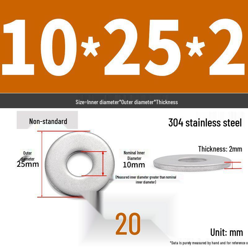 304 Stainless Steel Thickened Flat Washer Ring - Various Sizes (M1.6-M22)