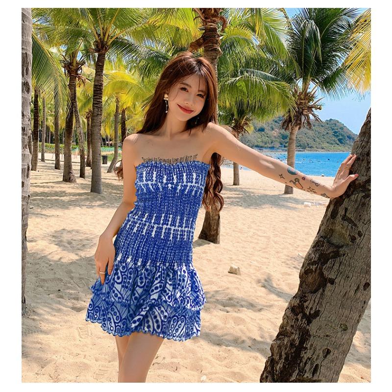 Damen Sommerkleid mit Stickerei, hohler Taille, schmaler Etui-Ausschnitt, Rüschen, Neckholder