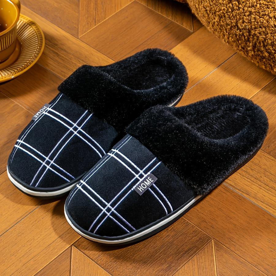 [Winter Slippers] Cozy Plush Winter Slippers for Men | Soft Fleece Lined, Memory Foam Support, Non-Slip TPR Sole, Round Toe, Gray Checkered Pattern