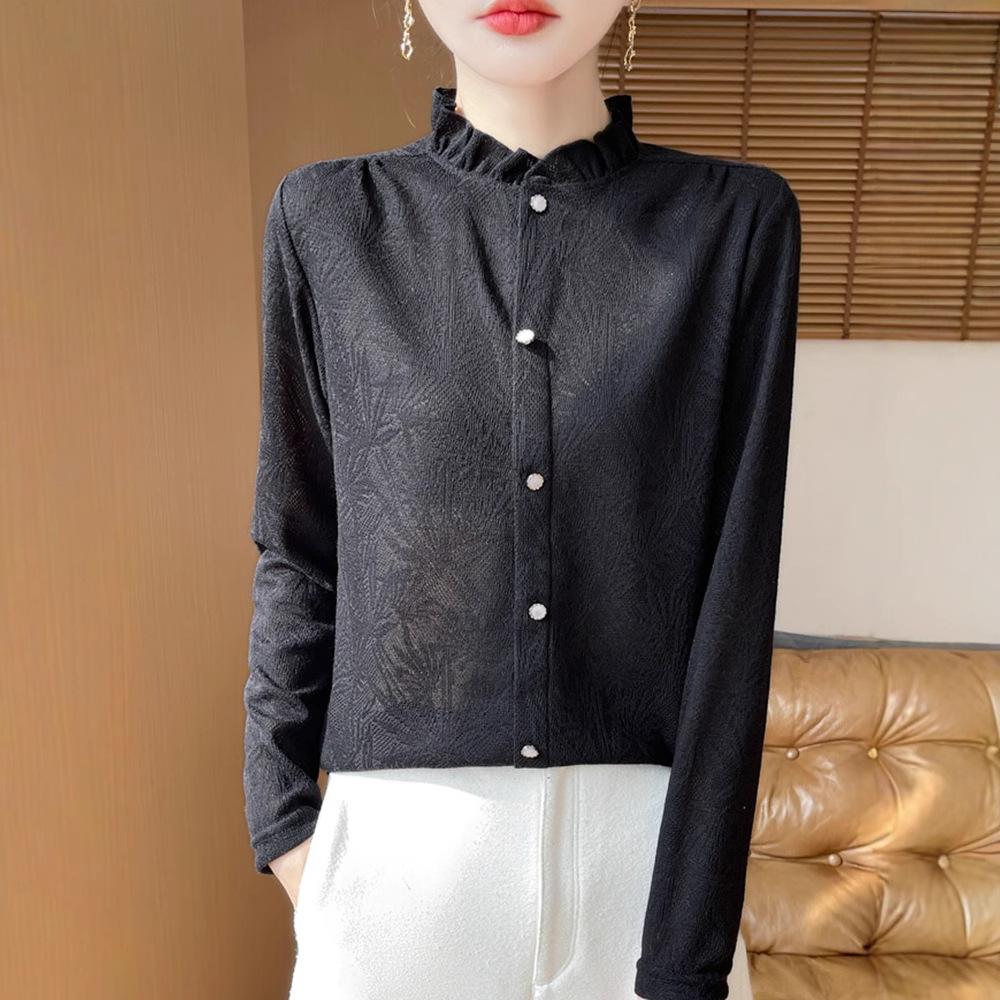 New French Lace Top, Feminine Black Ear Collar Knitted Sweater, Long-sleeved Base Layer, Semi-high Collar Inside