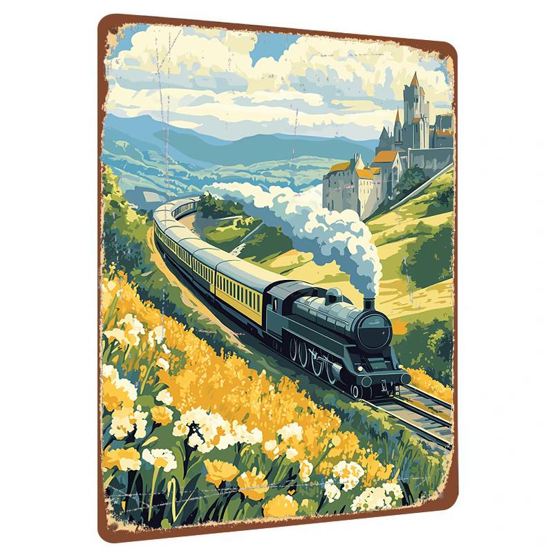 

Vintage Steam Train Castle Landscape Metal Wall Art European Home Decor for Living Room 20x30cm（7.8x11.8inch）
