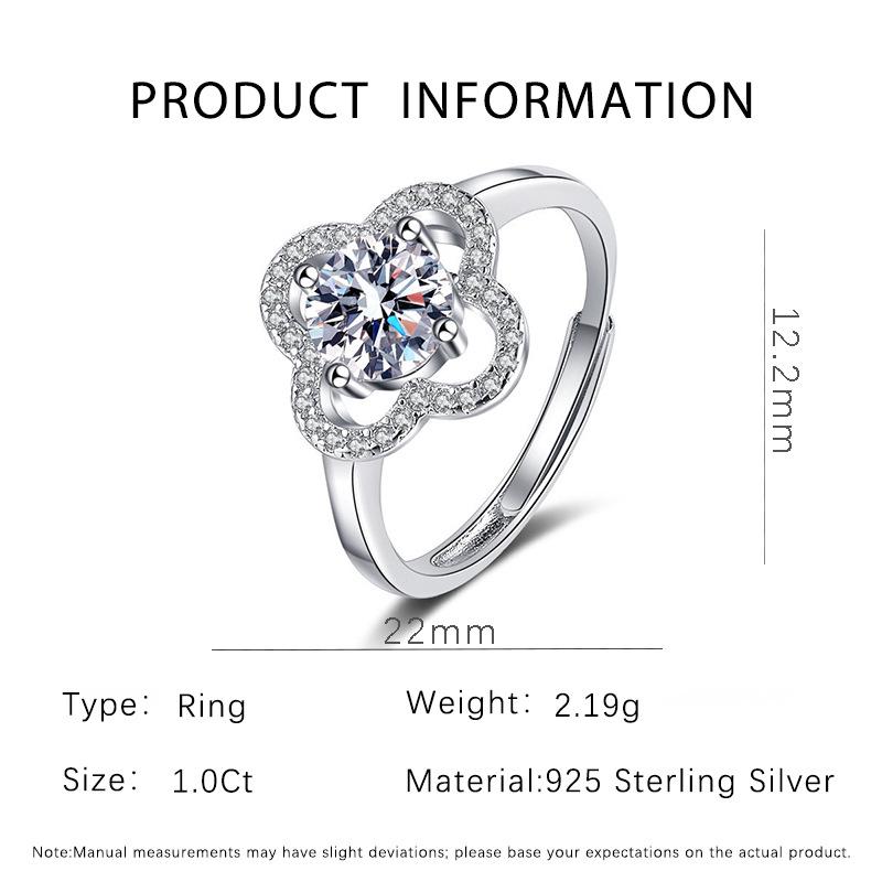 S925 Sterling Silver Four-Leaf Clover Moissanite Open Ring - Women s Trendy Jewelry 1 Carat Moissanite (Adjustable) регулируемый