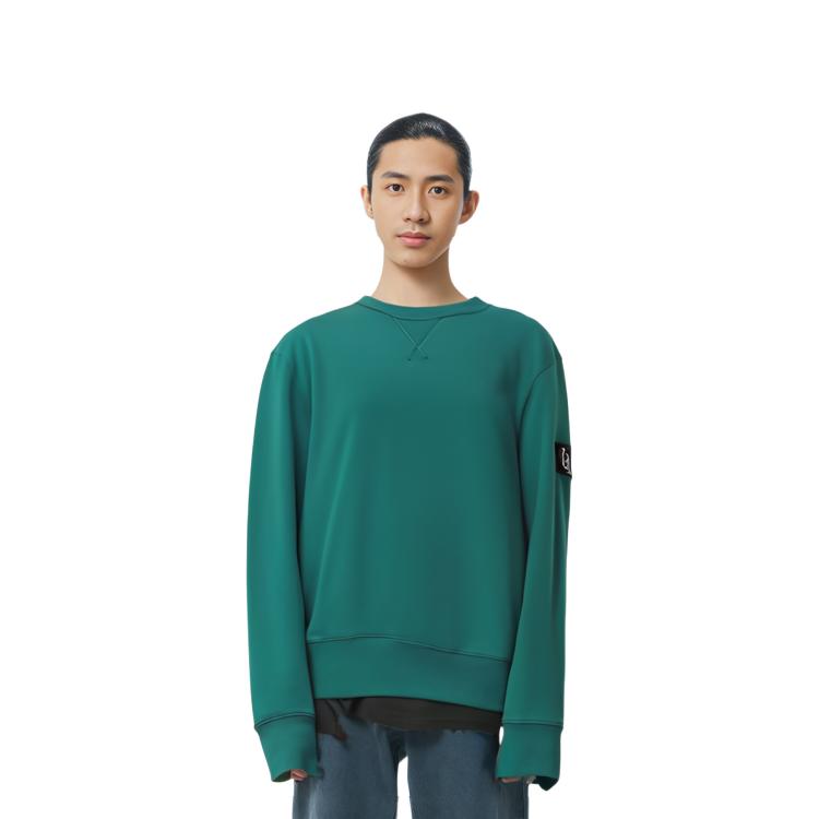 Calvin Klein Logo Badge Solid Loose Fit Crew Neck Long Sleeve Sweater Men sweater Deep-Sea-Blue J30J323426-CA4