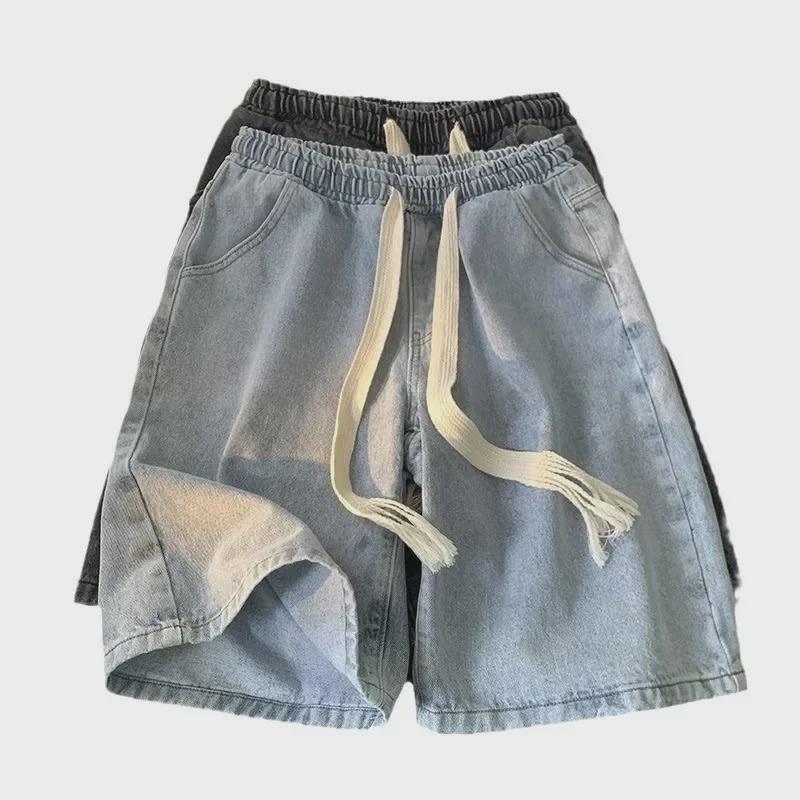 Men's Retro Casual Denim Drawstring Shorts - Summer, Mid-Length, Loose Fit