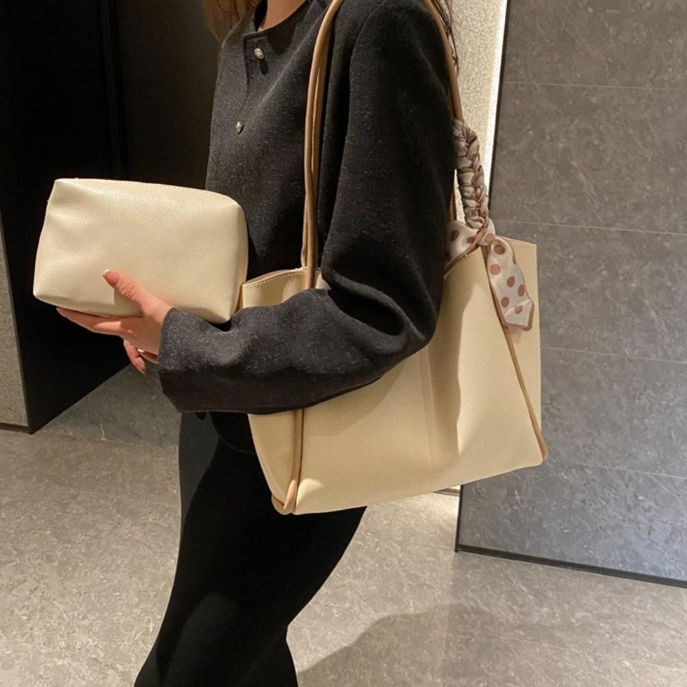 Tote Bag Silk Scarf Straps Handbag Large Capacity PU Underarm Bag Women PU Shoulder Bag  Lady