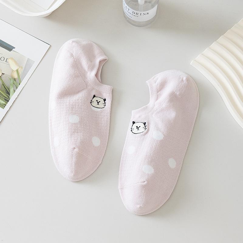 Women's Summer Thin Polka Dot Embroidered Kittens with Shallow Mouth Non Slip Invisible Boneless Boat Socks