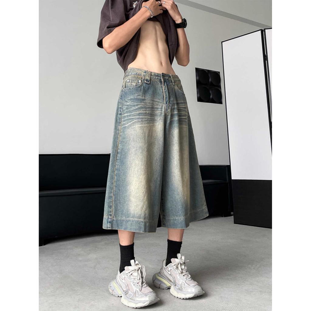 Summer thin retro blue and seven-point denim shorts for men and women loose wide-leg niche design straight pants