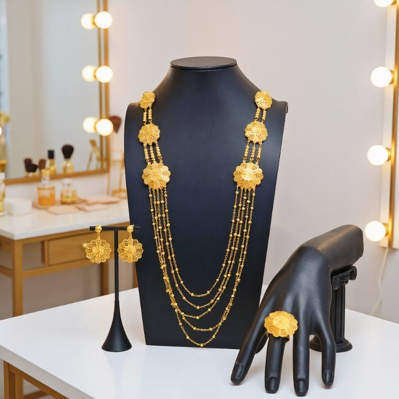 3-Piece Geometric Tassel Long Necklace Earrings Ring Jewelry Set Ladies Wedding Accessories