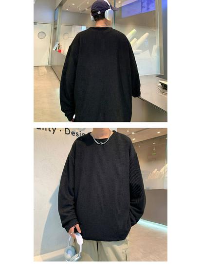 Men's Solid Color Long Sleeve Jacquard T-Shirt - Trendy Scruffy Hong Kong Style, Loose Fit for Couples.
