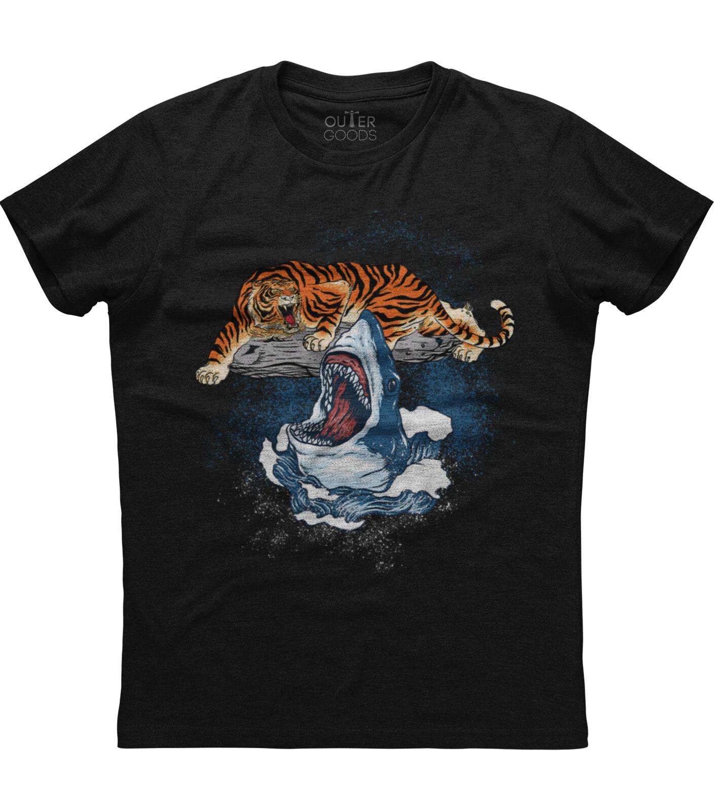Tiger And Shark Roar Mens Short Sleeve New Cotton Black T-shirt 2XL