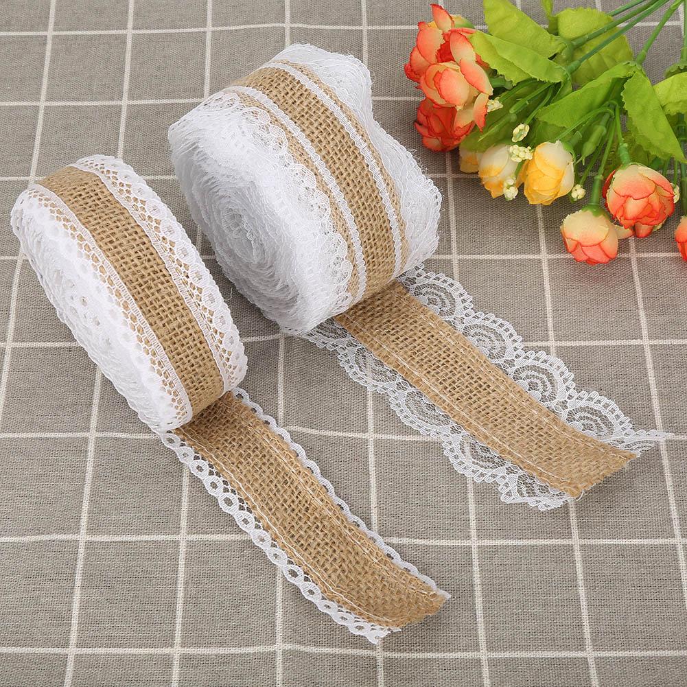 2pcs 5MRoll Burlap Rolls with Lace Hessian Jute Ribbon for Wedding Decoration Craft