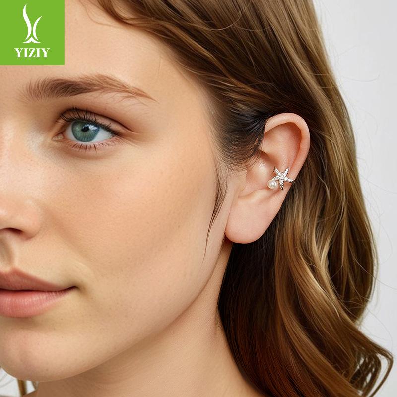 S925 Sterling Silver Starfish Ear Bone Clip Without Ear Piercing, Personalized Fashion Bead Ear Clip Earrings