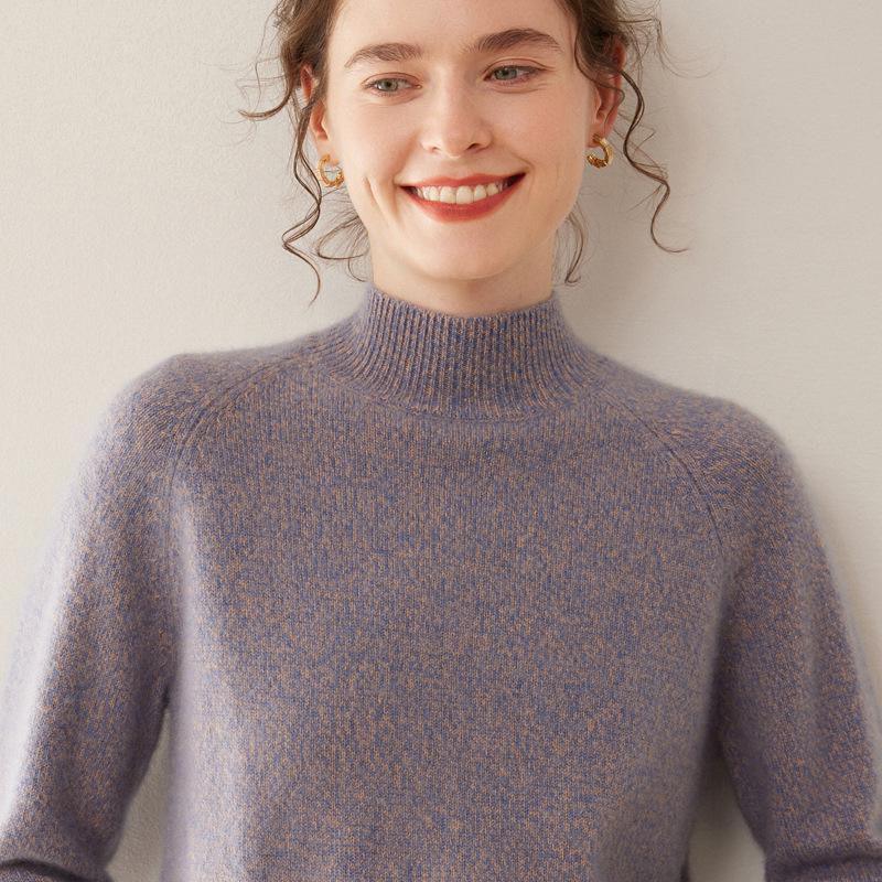 Women's Cashmere Floral Raglan Sweater, Double-Ply, Half-High Collar, Luxurious Knit