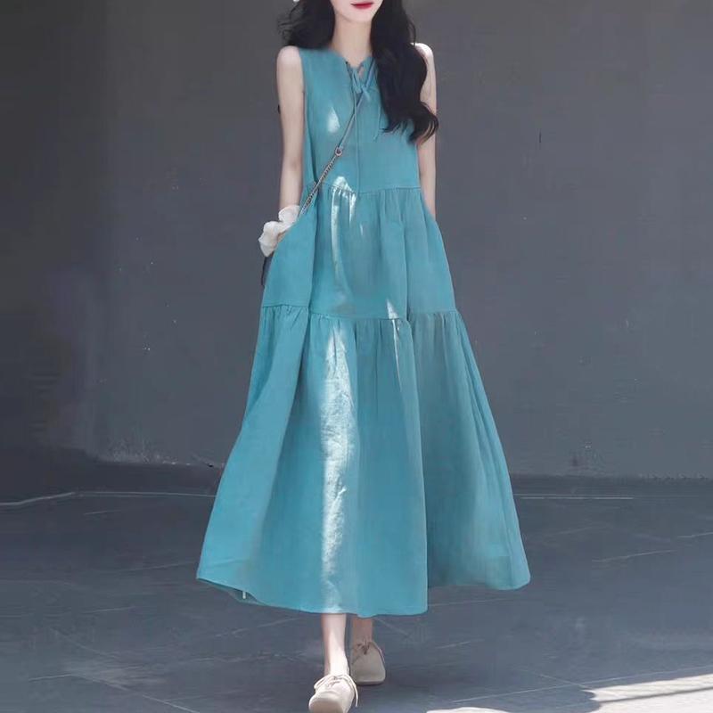 

ZANZEA Женское летнее повседневное платье без рукавов с круглым вырезом и шнуровкой 3XL синий