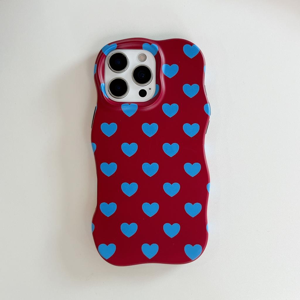 2 In 1 TPU+PC Glossy Cute Heart Hard Phone Case for iPhone 13 14 15 16 Pro Max Wave Edges Comfortable Touch Slim Girly Cover