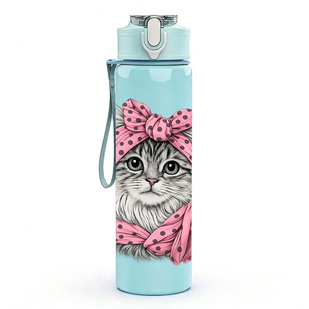 1PC Cute Kitty Wearing Pink Bow Print 750ml Color Plastic Sports Water Bottle Leakproof Flip Straw Lid Suitable for Sports Office Home Use