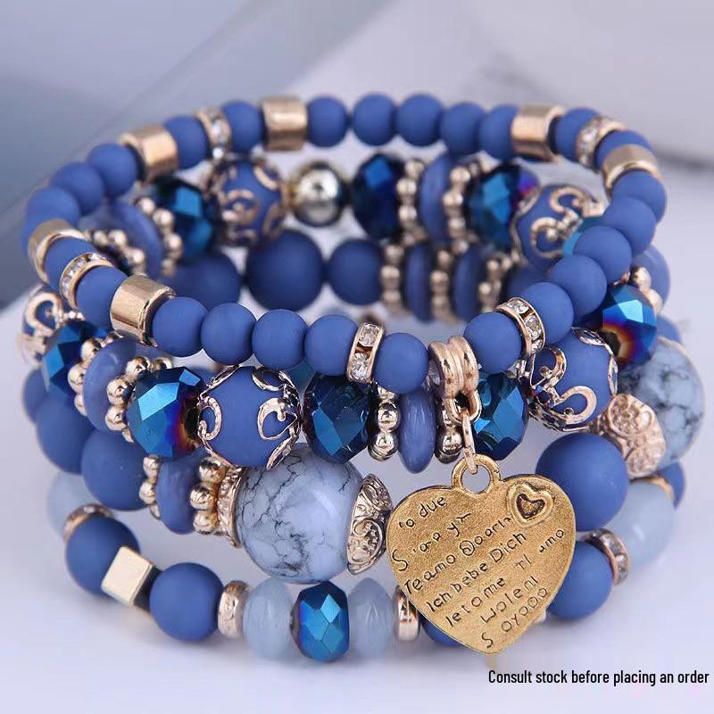 Bohemian Multilayer Elastic Rope Bracelet with Alloy Heart Pendant