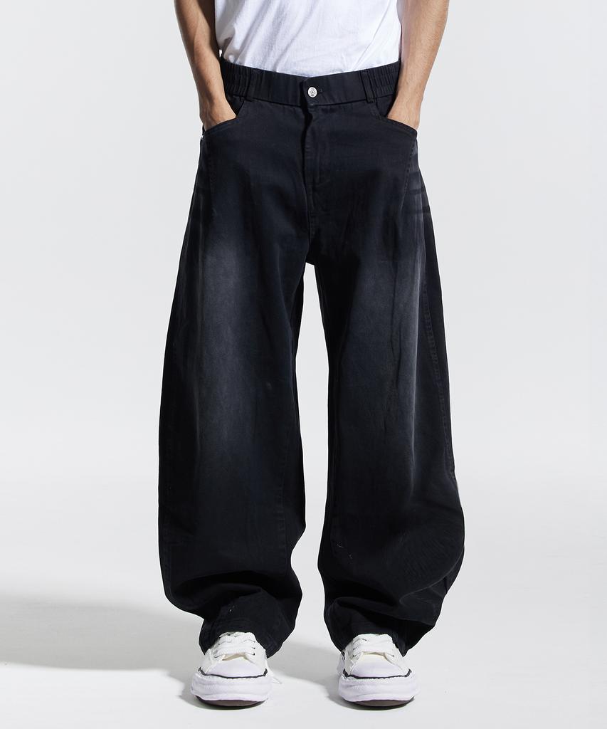 CREAM SODA LAB Half-Band Vintage Front Wash Wide Balloon Denim Pants Black