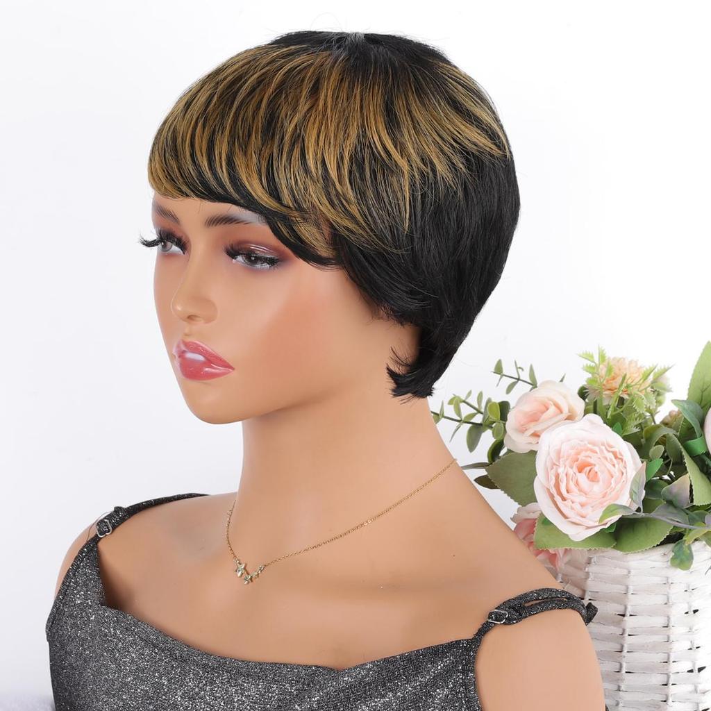 Damen-Perücke, 20,3 cm, blond, schwarz, Ombre-Pony, kurze Perücke, Hochtemperatur-Synthetik-Perücke, lässiges Styling