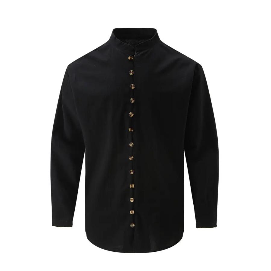 Retro Style Plus Size Solid Color Men's Cotton and Linen Long Sleeve Button Down Shirt with Stand Collar Spring Fall Outdoor