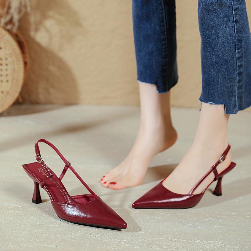 Sexy Burgundy Pointed Sandals Women's 2025 Summer New French Bag Head Single Shoes Temperament Stiletto High Heels