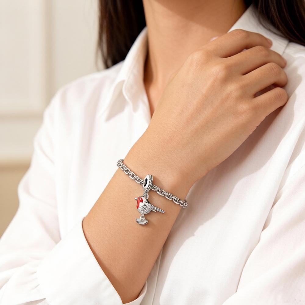 Red Robin Bird Dangle Charm For Women 925 Silver Cute New Gift