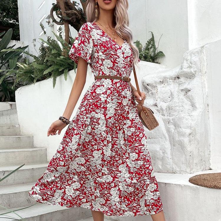 American European Women Summer Holiday Floral Mid Length Fashion Dress