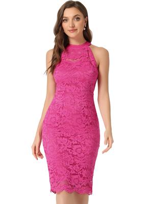 Allegra K Lace Bodycon Dress, Halter Neck, Sleeveless, Cocktail, Sheath, Elegant, Women's, Hot Pink, Size M