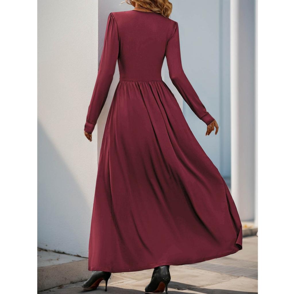 Vestido Feminino da Moda Casual Cor Sólida Renda Decote V Ajustado Manga Longa