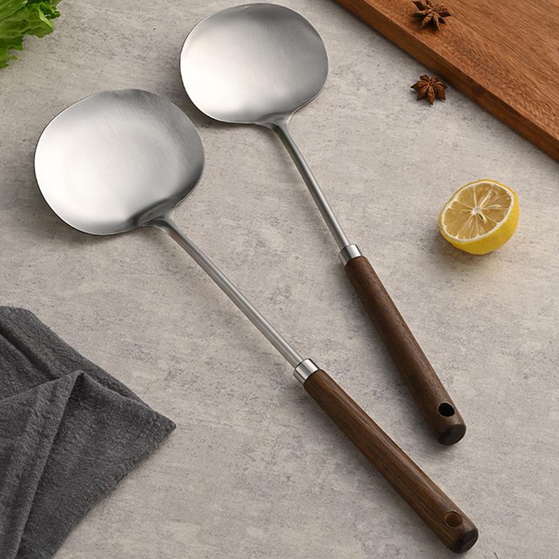 Walnut Handle Stainless Steel Spatula Chinese Cooking Shovel Chef's Mushroom Head Turners for Flipping Pancakes/Omelets