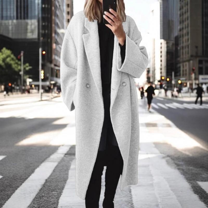 Womens Long Wool Blend Trench Coat Plus Size Slimming Workwear Outerwear